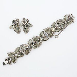 Vintage Verified D&E Juliana Floral Grey Bracelet and Clip-on Earrings Set 1960s